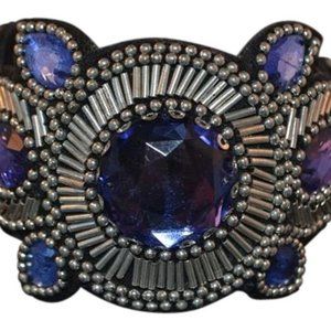 Leather Cuff W/Silver-tone w/Silver-tone Beading Bangle